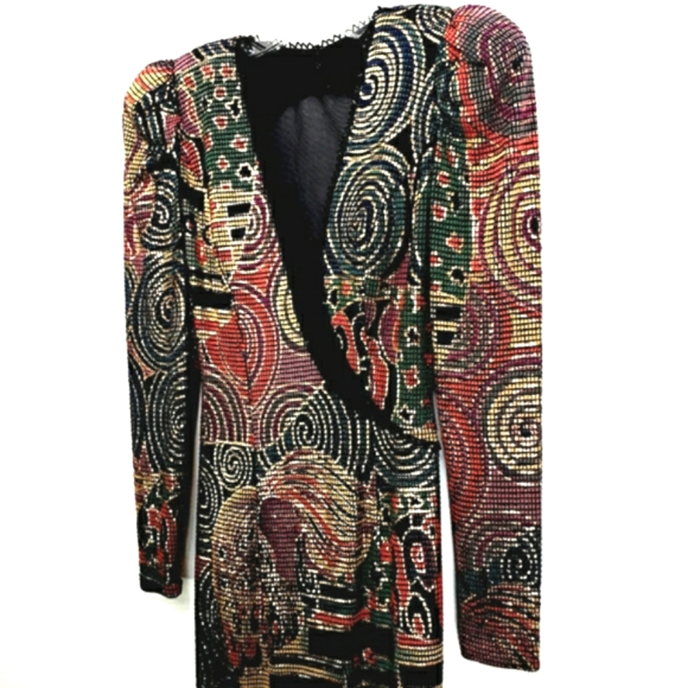 Vintage Cache Metalic Asymmetrical Illusion Plunge Neck Metalic Beaded Maxidress - Picture 6 of 16